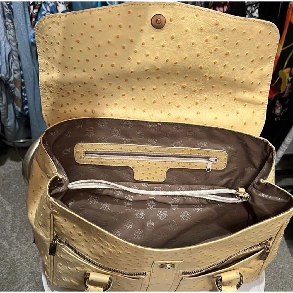 Ostrich Embossed Leather Top Handle Satchel Bag Work Travel‎ Chic
